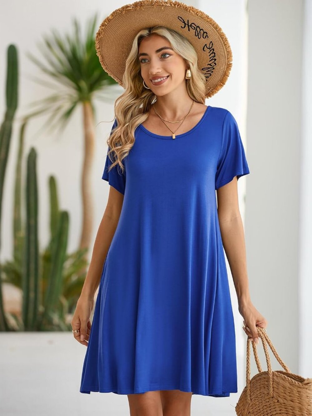 Women's Navy Blue Casual Loose Swing Tunic Short Sleeve Sun Mini Shirt Dress - Picture 5 of 6